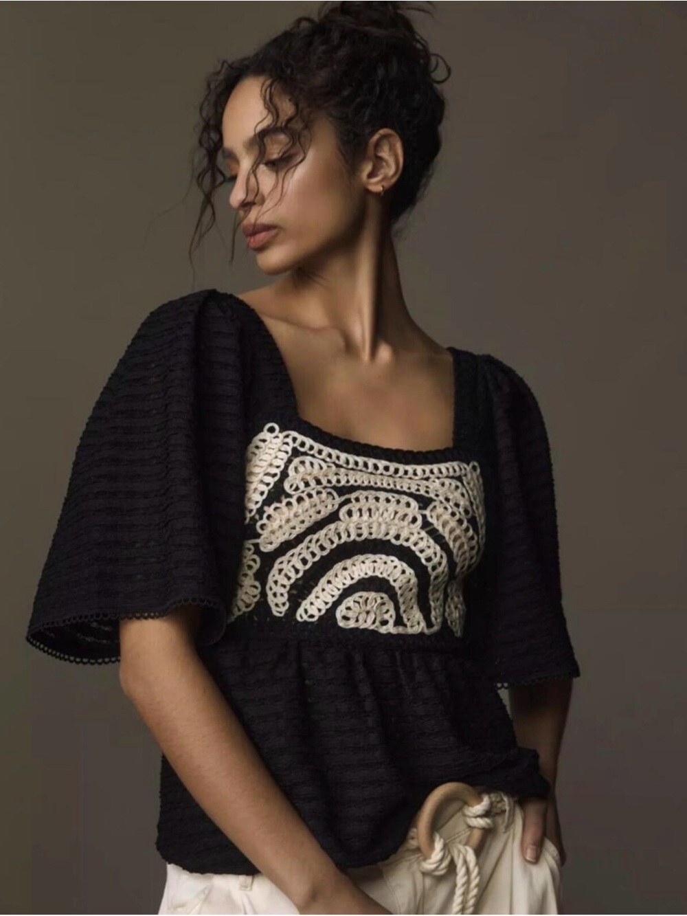 Sarah Hann Black Peplum Blouse with Cream Crochet Inset